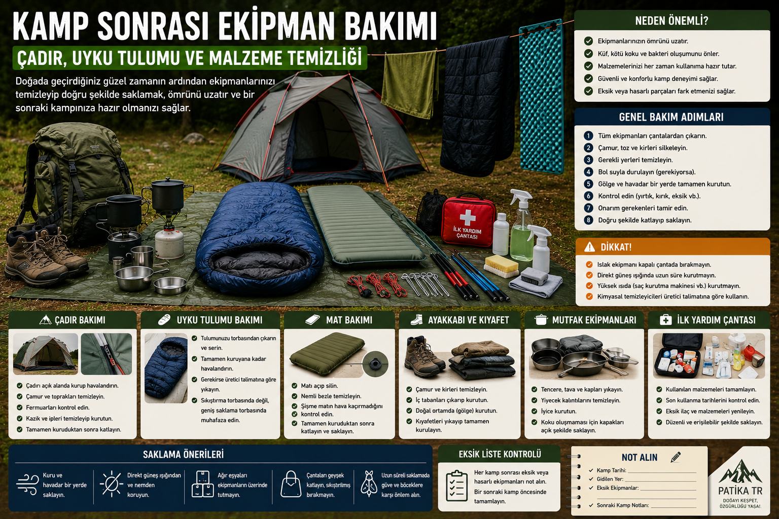 Kamp Sonrası Ekipman Bakımı: Çadır, Uyku Tulumu ve Malzeme Temizliği